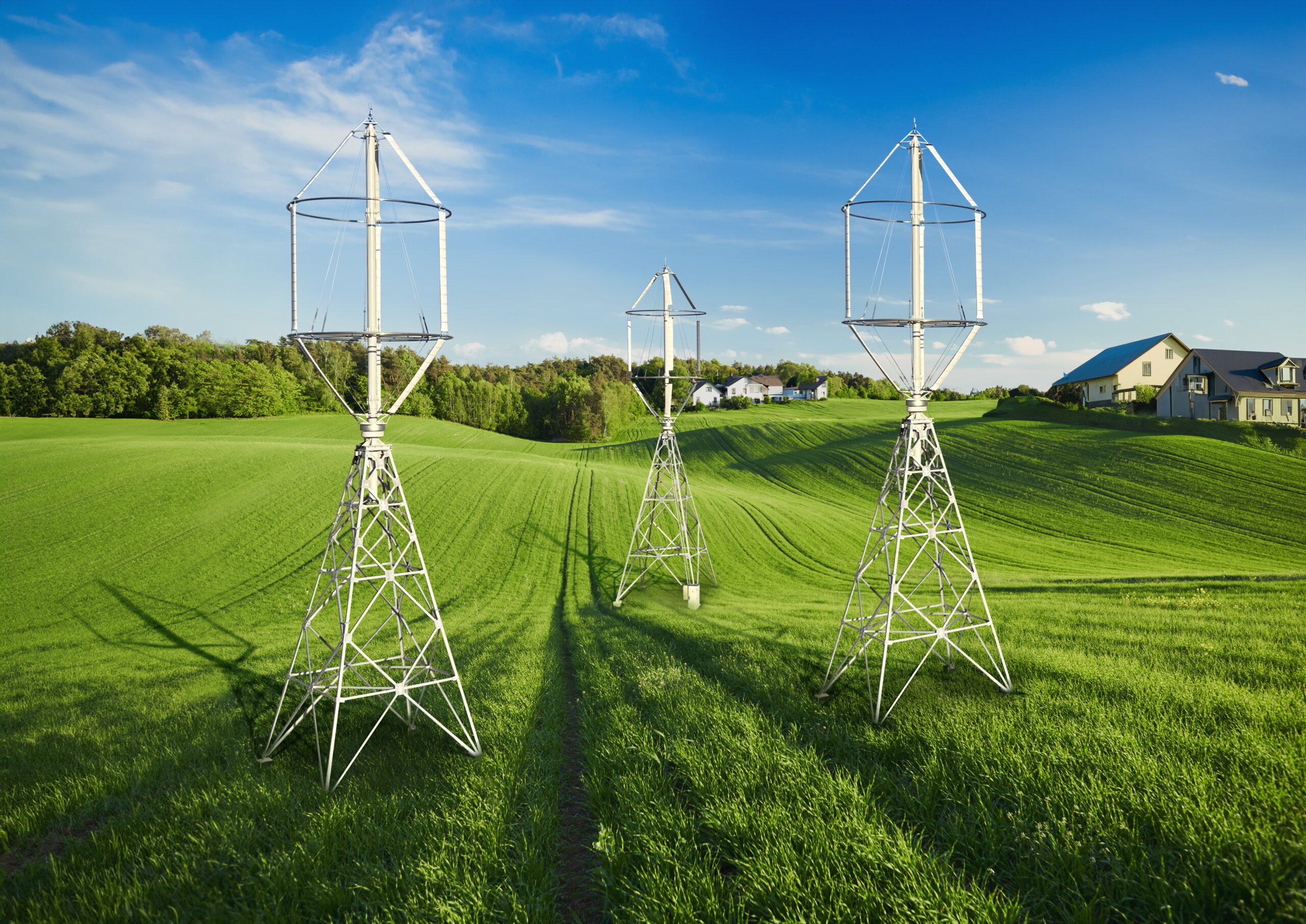 freen wind turbines in a field