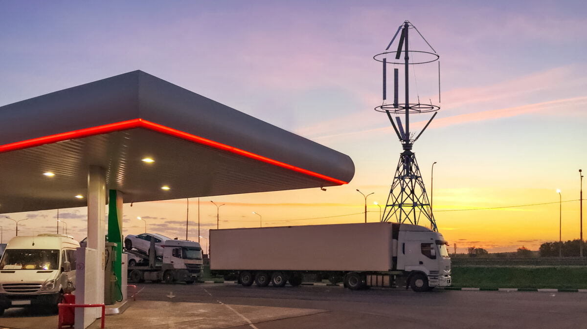 Freen-20 gas station. A Freen-20 small wind turbine powering a gas station, showcasing its potential for commercial applications.