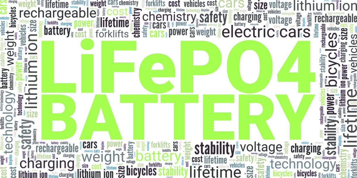 Green "LiFePO4 BATTERY" headline surrounded by energy-related keywords in black and gray.