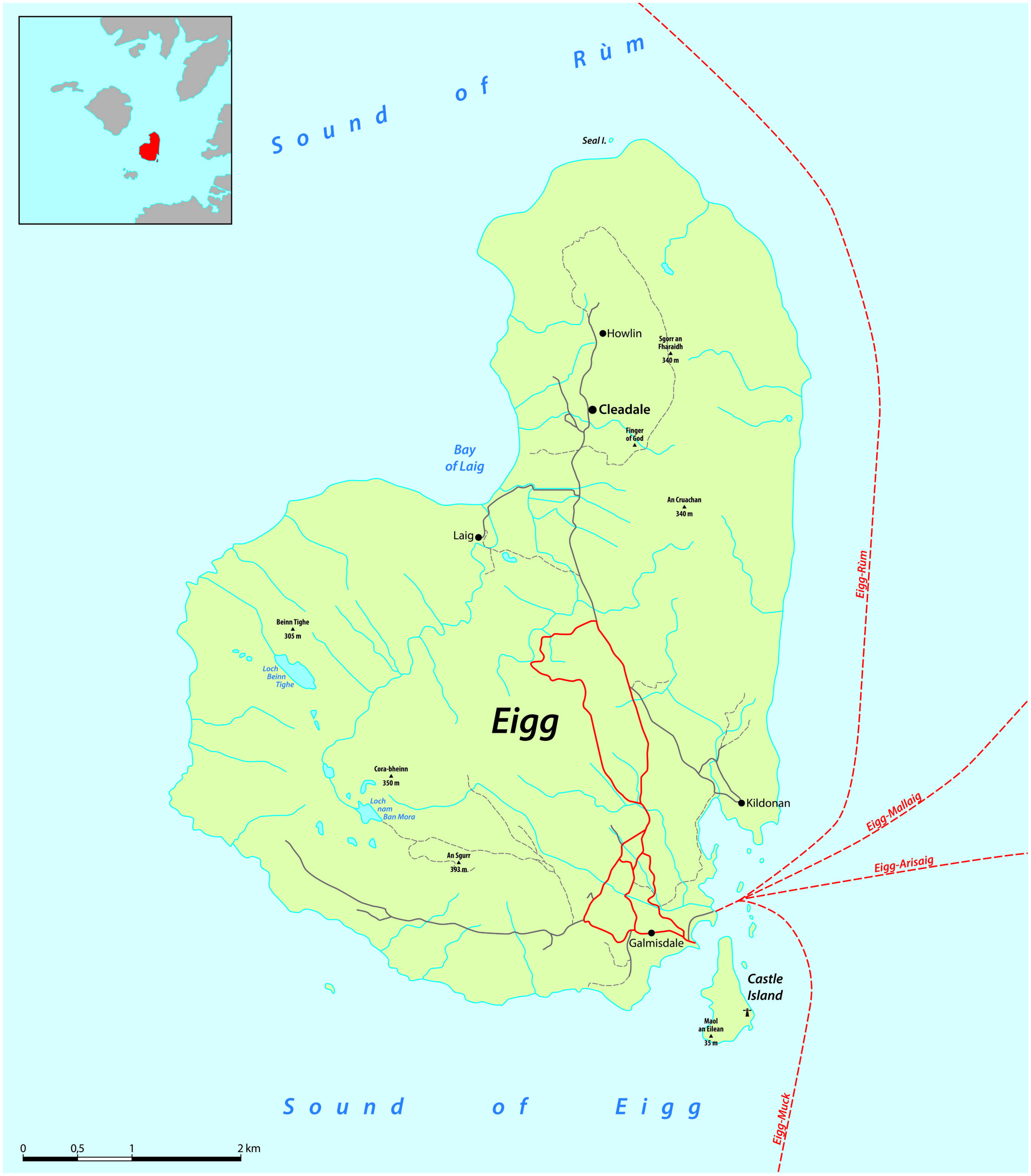 Map of the Isle of Eigg, Scotland, showing key locations, roads, and ferry routes.