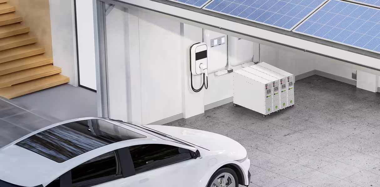 Batteriespeichersystem in moderner Garage mit Elektroauto – Symbol für Energiespeicherung in Mikronetzlösungen.
