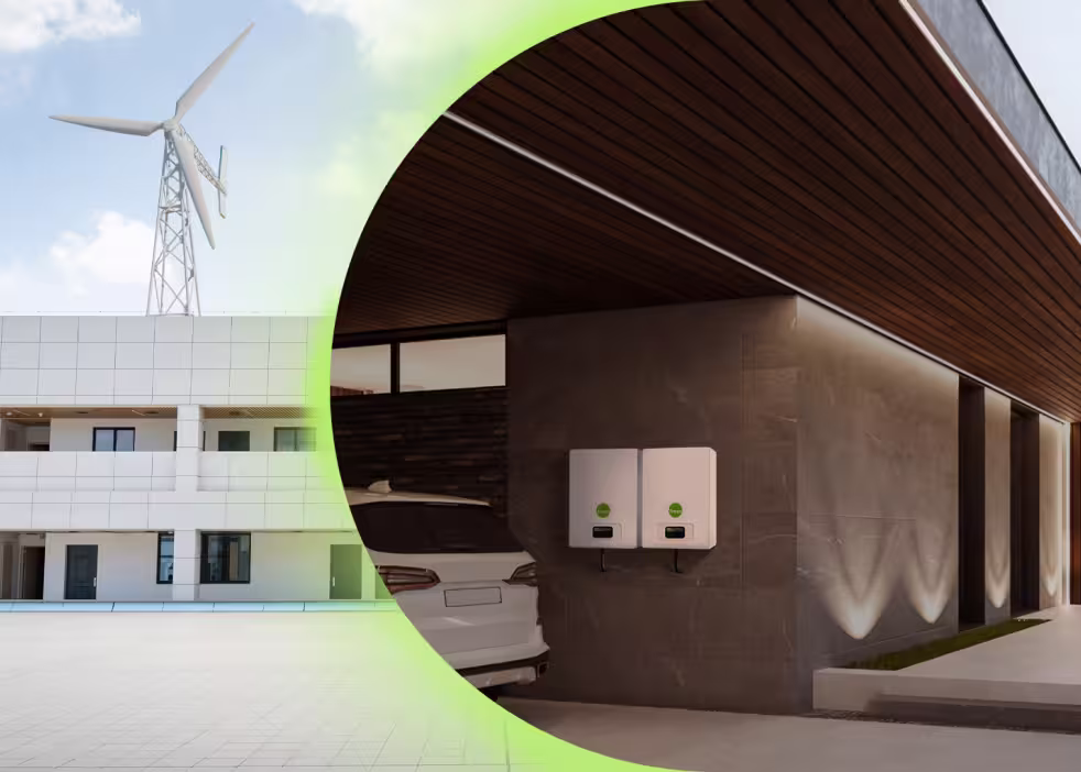 Modernes Wohnhaus mit einer vertikalen Windturbine und einem Heimspeichersystem – eine hybride Lösung für erneuerbare Energien im privaten Bereich.