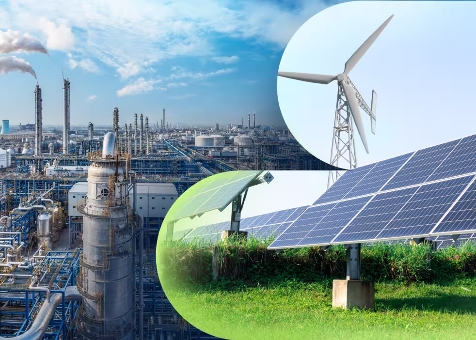 Kontrast zwischen der fossilen Industrie und erneuerbaren Energien – Solarmodule und eine Windturbine symbolisieren den Übergang zu sauberer Energie.
