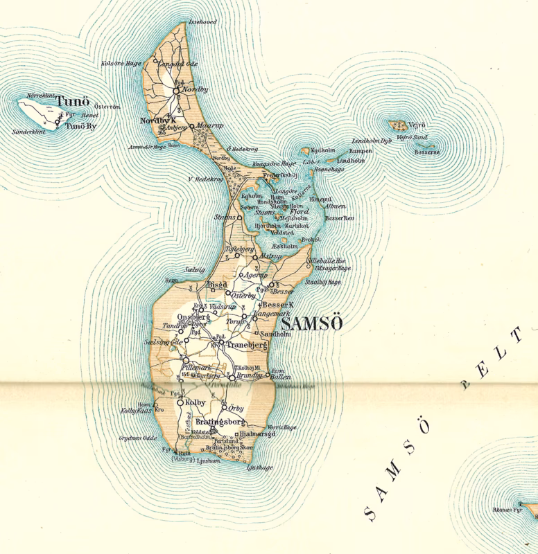 Old map of Samsø Island, Denmark, highlighting villages, coastline, and geographic features.