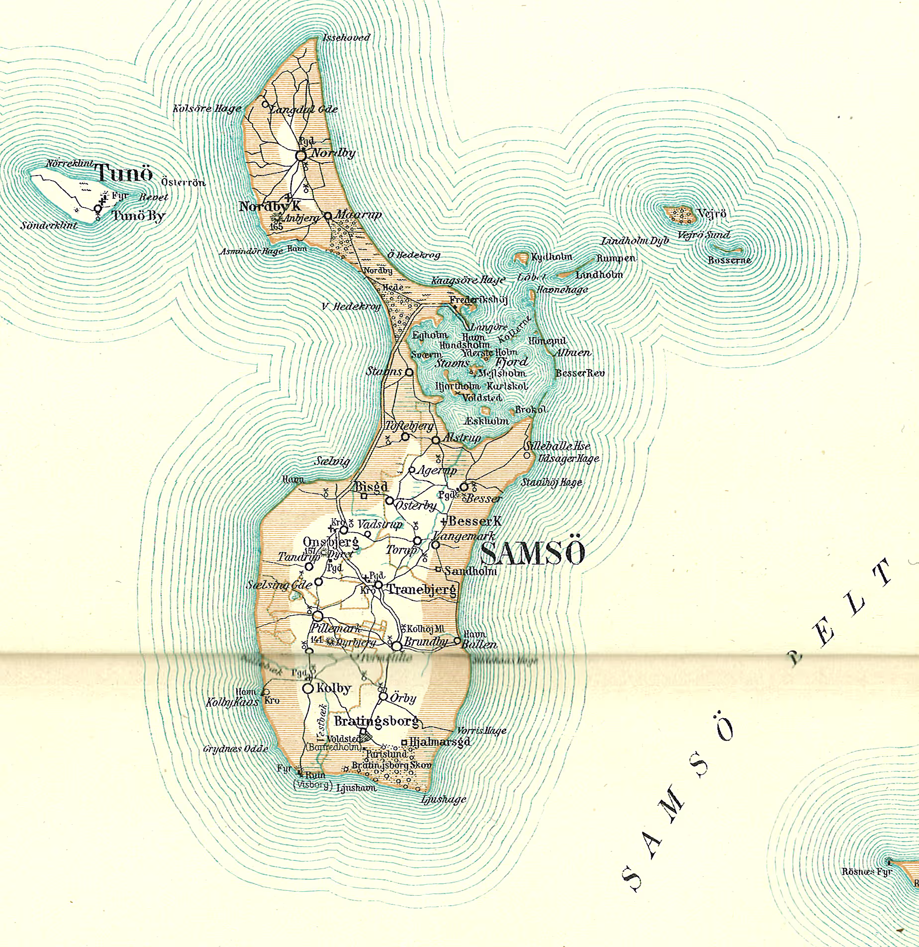 Ancienne carte de l'île de Samsø, Danemark, mettant en évidence les villages, le littoral et les caractéristiques géographiques.