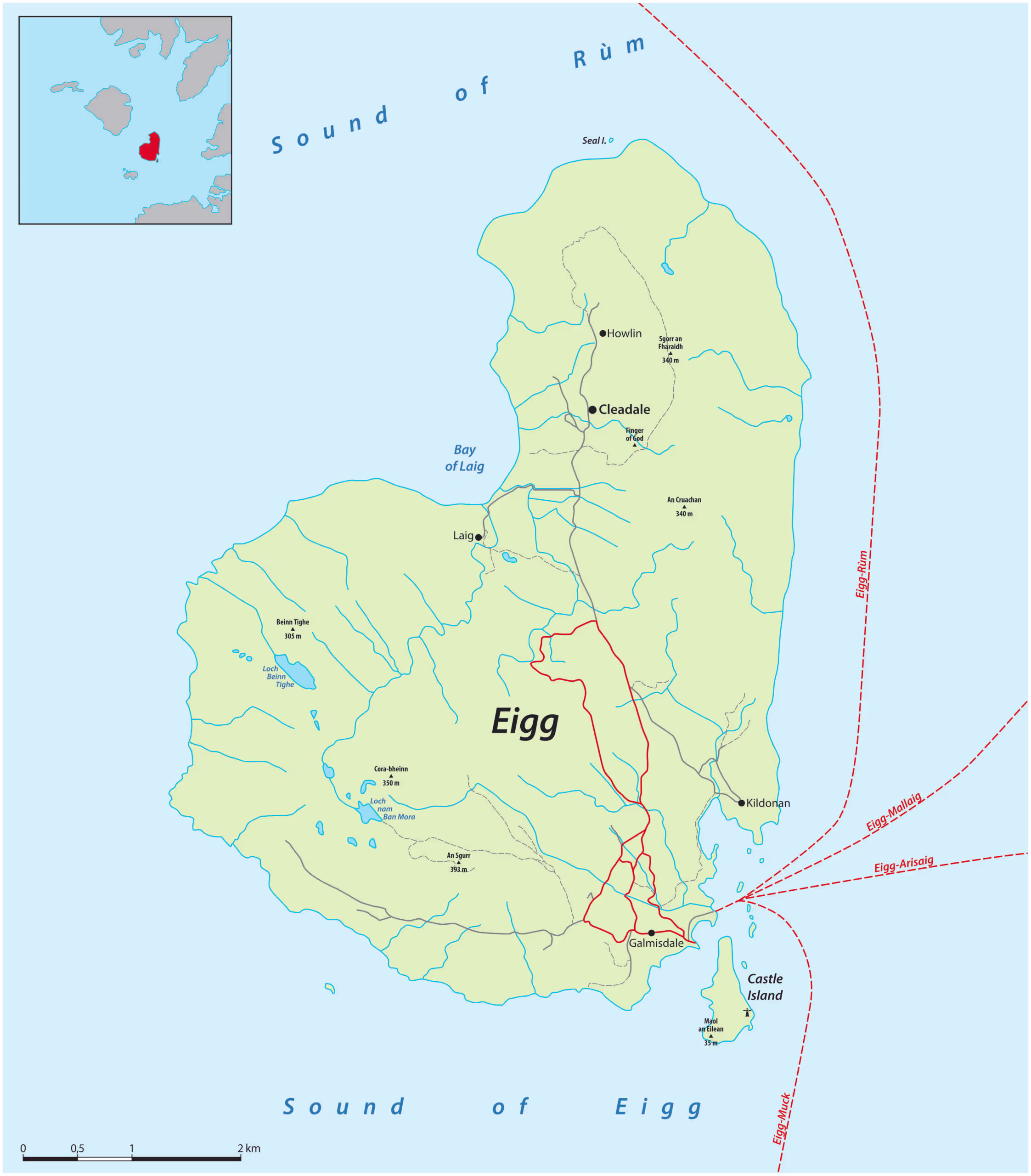 Karte der Insel Eigg, Schottland, mit wichtigen Orten, Straßen und Fährverbindungen.