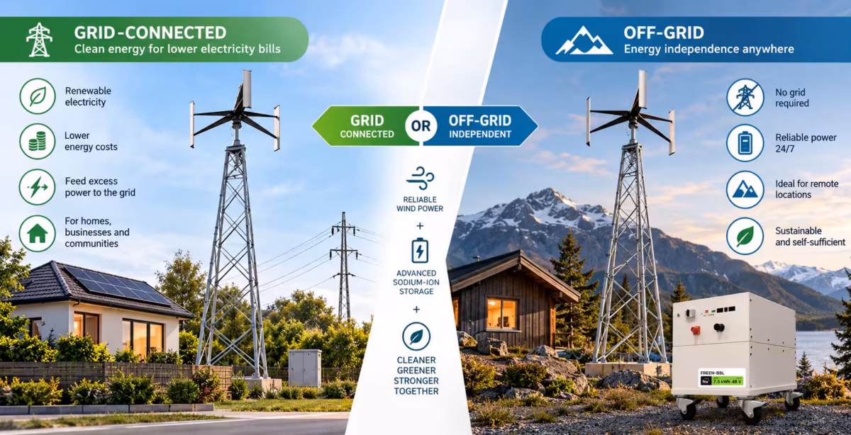 grid vs. off-grid freen wind turbine with sodium-Ion battery storage
