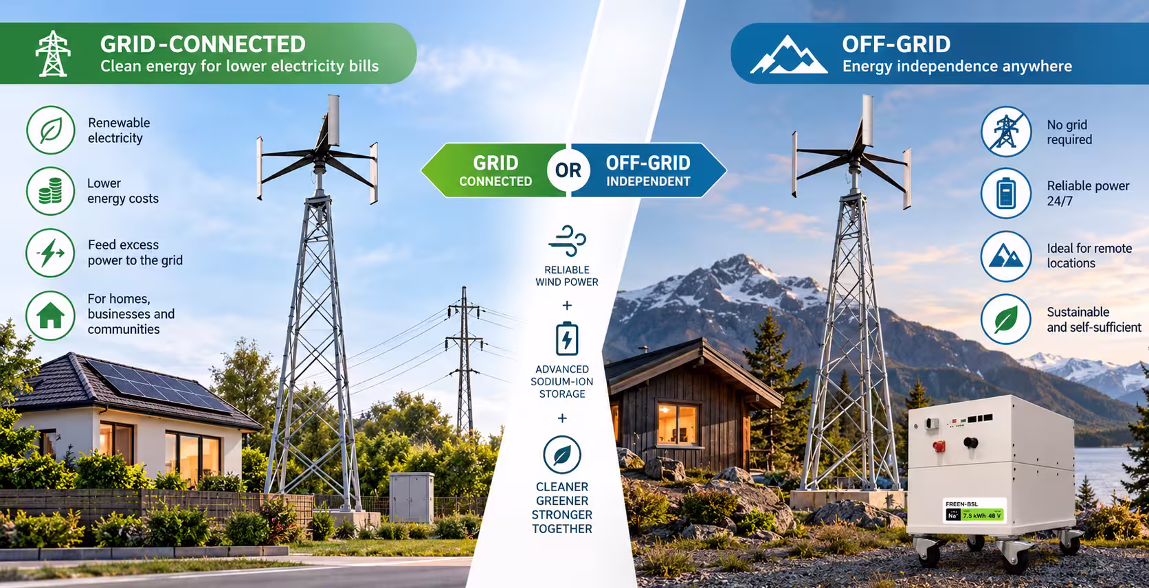 grid vs. off-grid freen wind turbine with sodium-Ion battery storage